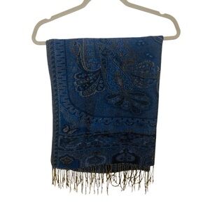 Chic Blue Paisley Shawl / Scarf with Fringe (M-L)